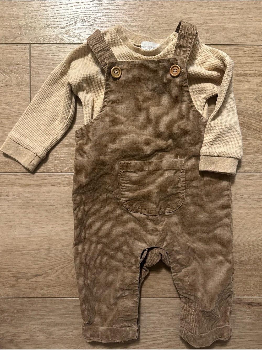 Kids Brown Corduroy Overalls with Tan Long-Sleeve Top